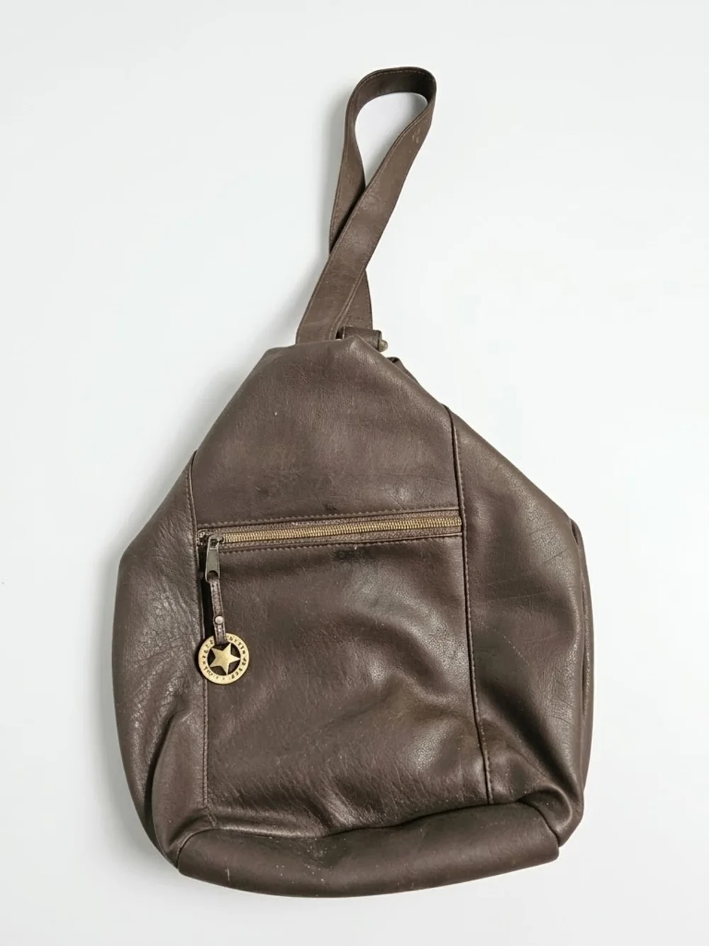 Vintage Y2K Faded Glory Brown Faux Leather Teardrop Sling Backpack Purse